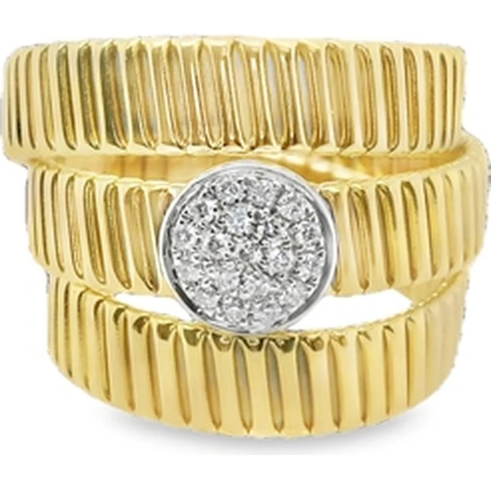 18K Yellow and White Gold Ribbed Band Ring with Round Diamond Cluster by Afarin