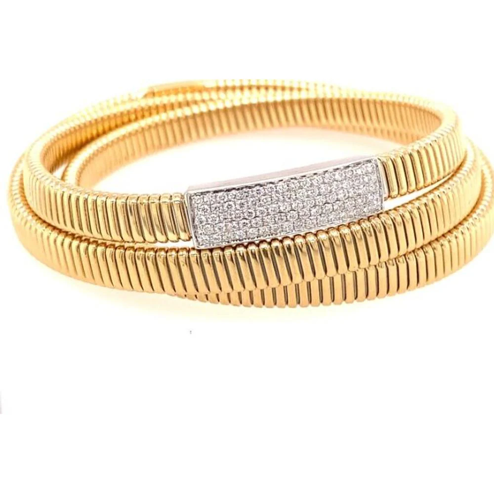 18K Yellow and White Gold Ribbed Coil Bangle with Pavé Set Round Diamonds by Afarin