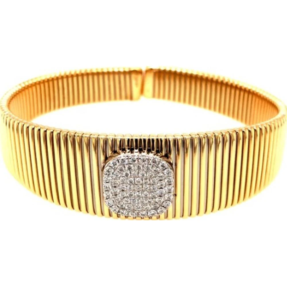 18K Yellow and White Gold Ribbed Diamond Bangle Bracelet with Round Diamond Center by Afarin