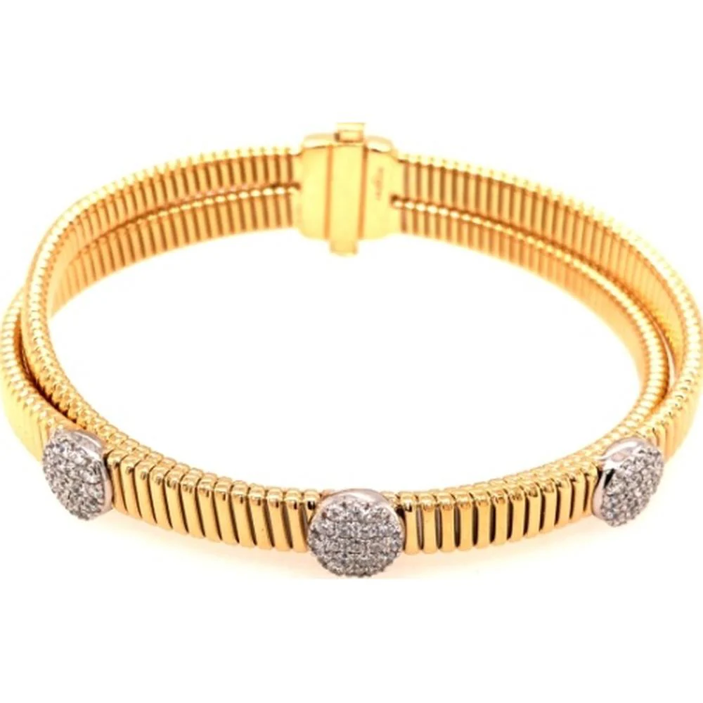 18K Yellow and White Gold Ribbed Diamond Station Bangle Bracelet by Afarin