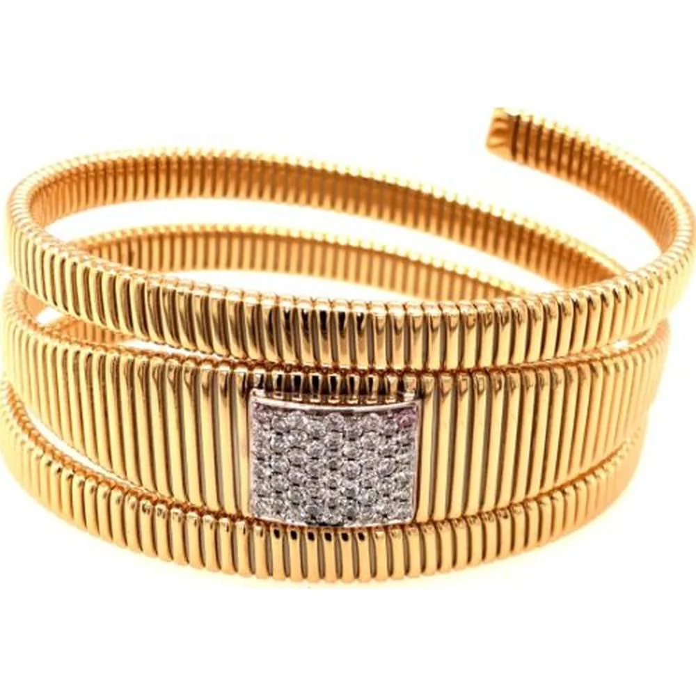 18K Yellow and White Gold Ribbed Open Bangle Bracelet with Pavé Set Round Diamonds by Afarin