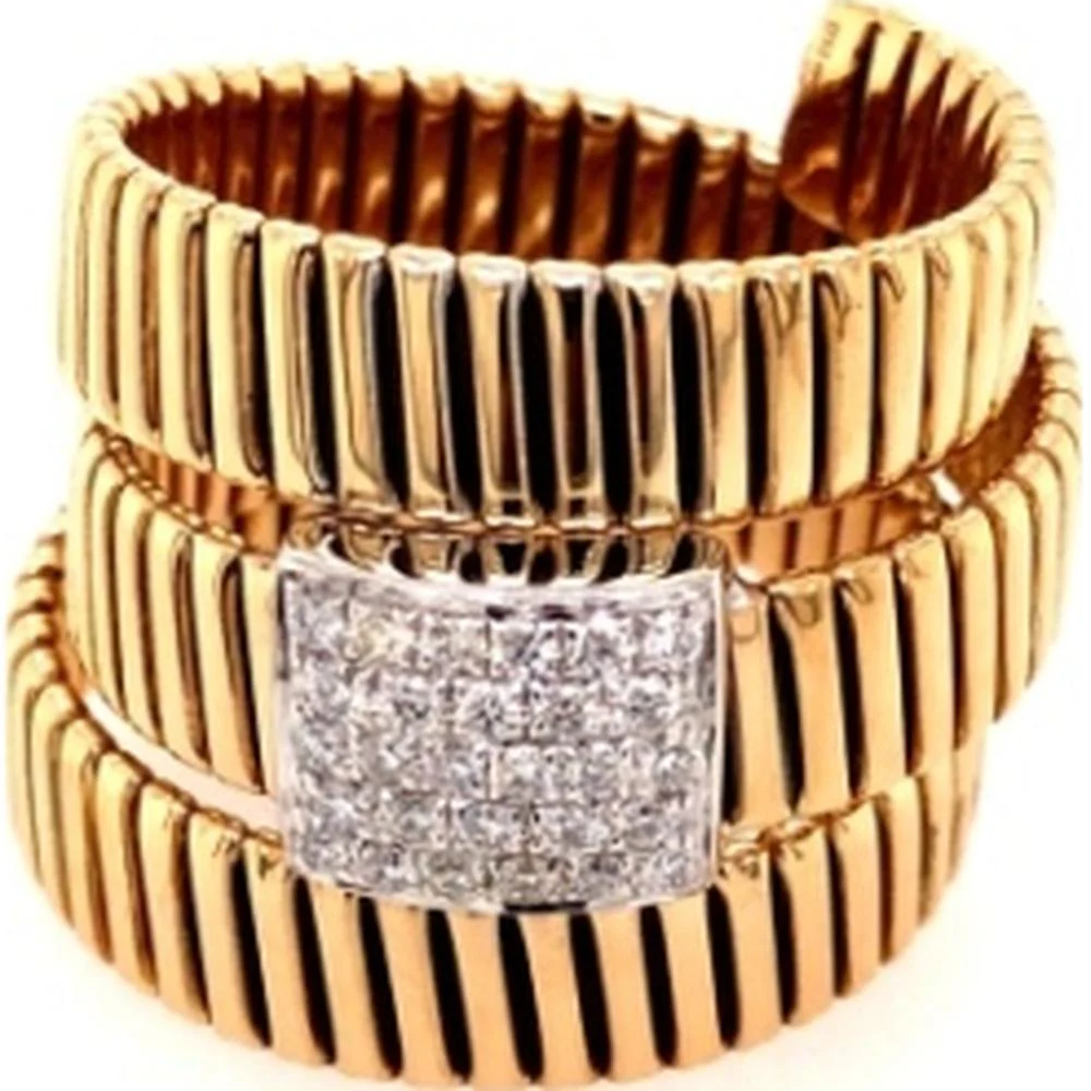 18K Yellow and White Gold Ribbed Statement Ring with Diamond Center by Afarin