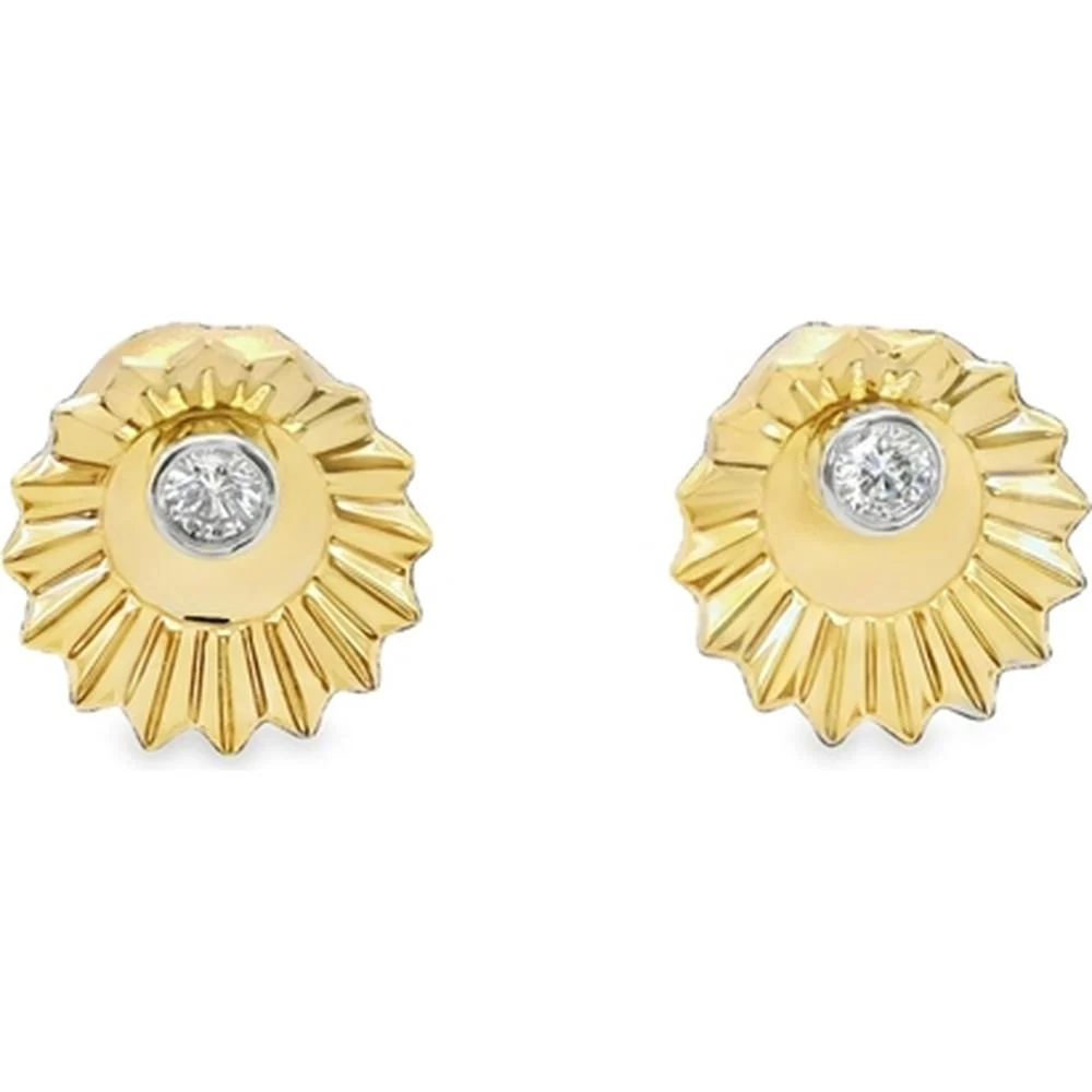 18K Yellow & White Gold Sunburst Stud Earrings with Round Center Diamonds by Afarin