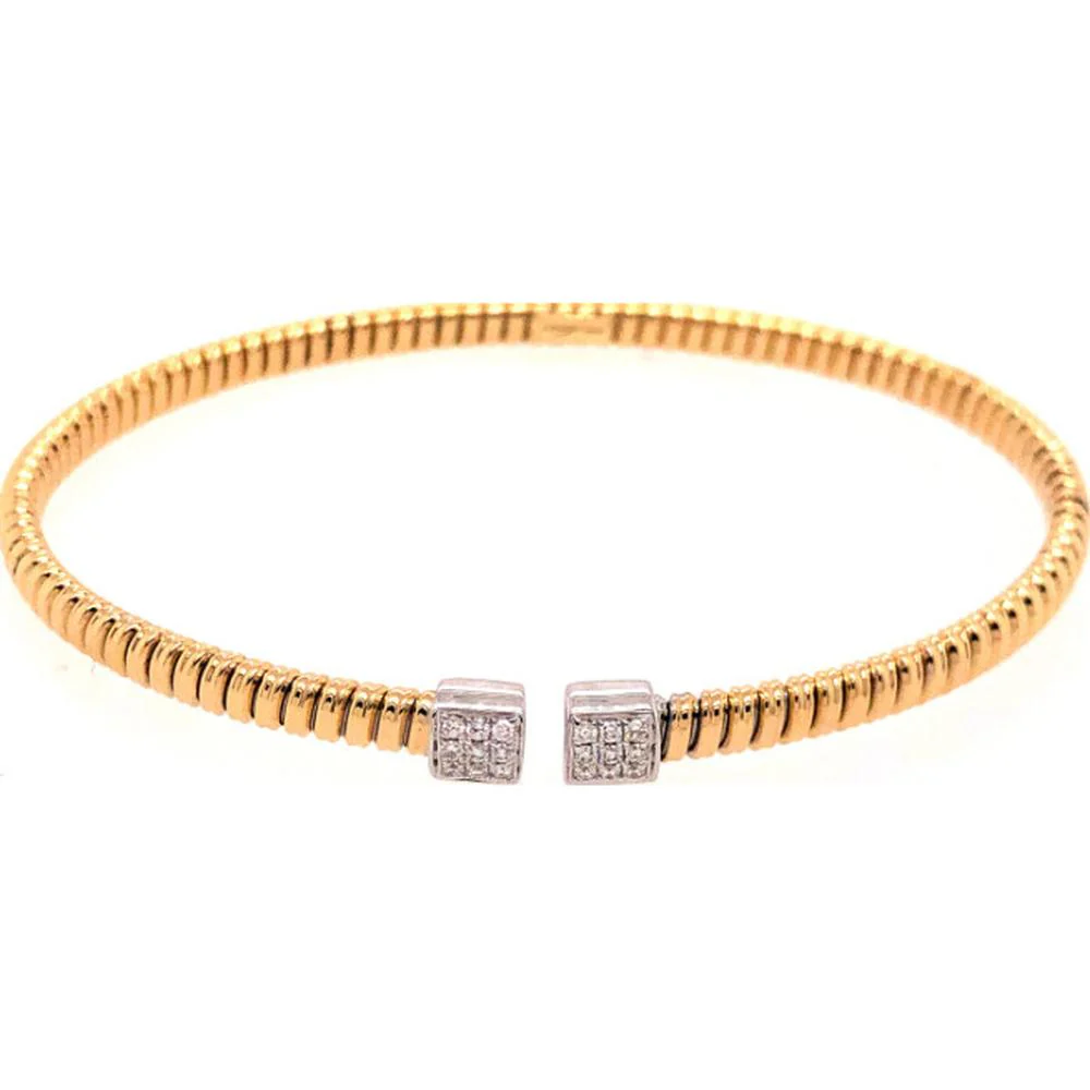 18K Yellow and White Gold Textured Open Bangle Bracelet with Diamond Accent Ends by Afarin