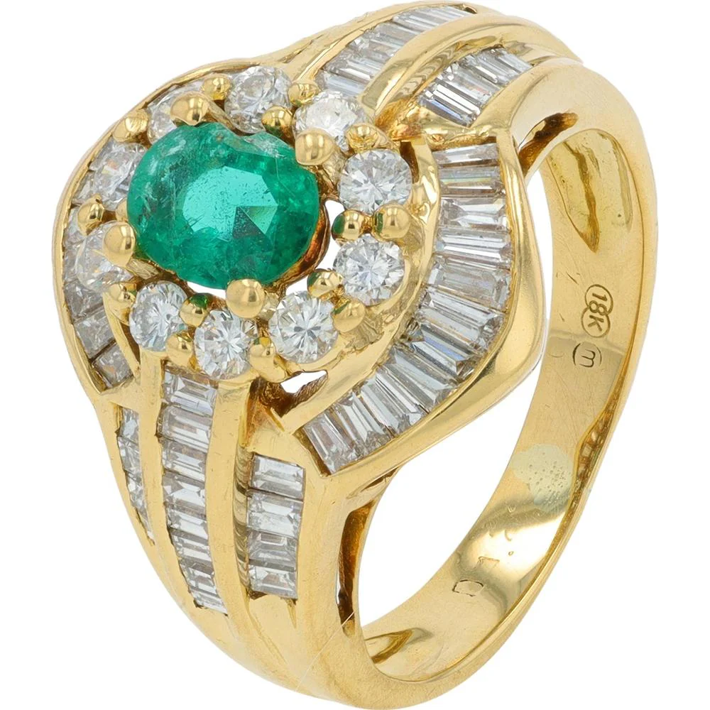 18K Yellow Gold 0.47 Carat Emerald and Diamond Halo Ring - 1.24 Carat Total Diamond Weight