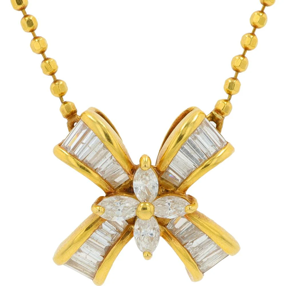 18K Yellow Gold 0.72 Carat Diamond Bow Pendant Necklace with Marquise and Baguette Diamonds