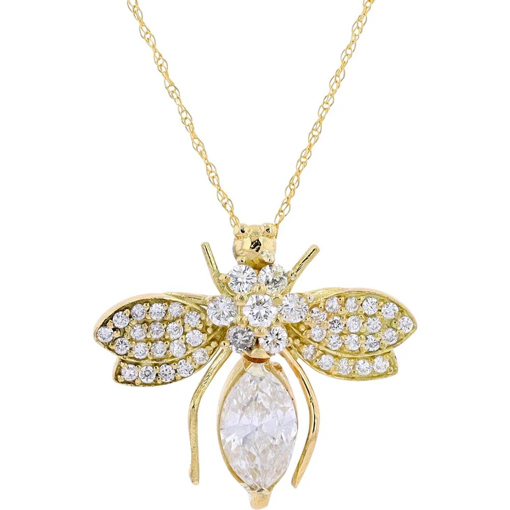 18K Yellow Gold 1 1/2 Carat Diamond Wasp Pendant with Marquise Body and Pavé Wings - GIA Certified