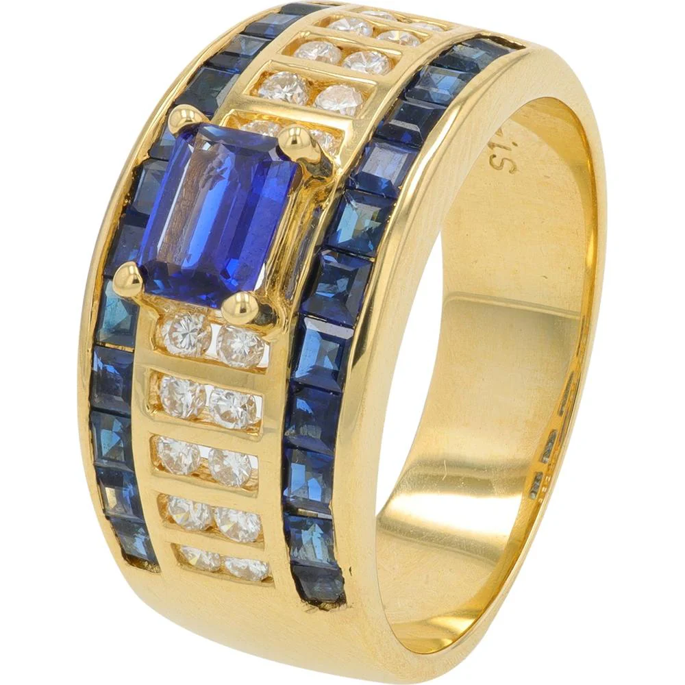18K Yellow Gold 1.271 Carat Emerald Cut Sapphire Ring with 0.82 Carats Diamond Accents