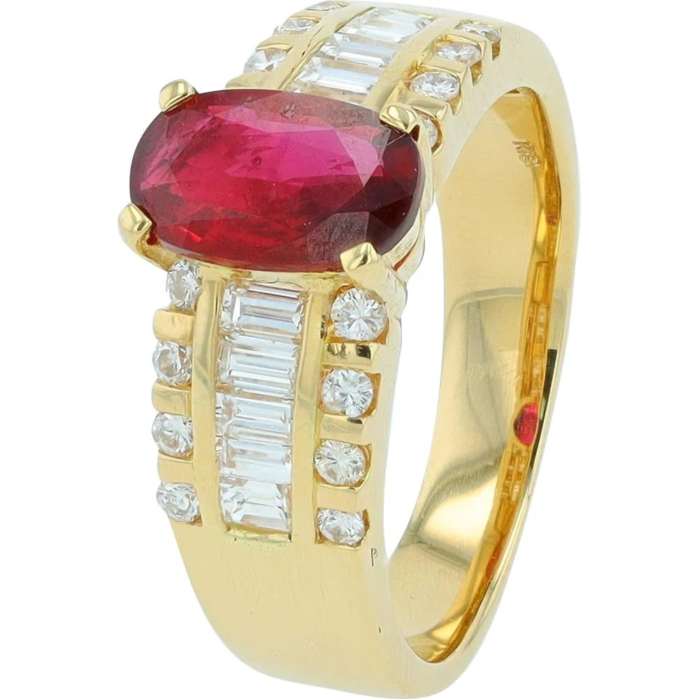 18K Yellow Gold 1.276 Carat Thai Ruby Ring with Diamond Accents - 0.72 Carat Total Diamond Weight