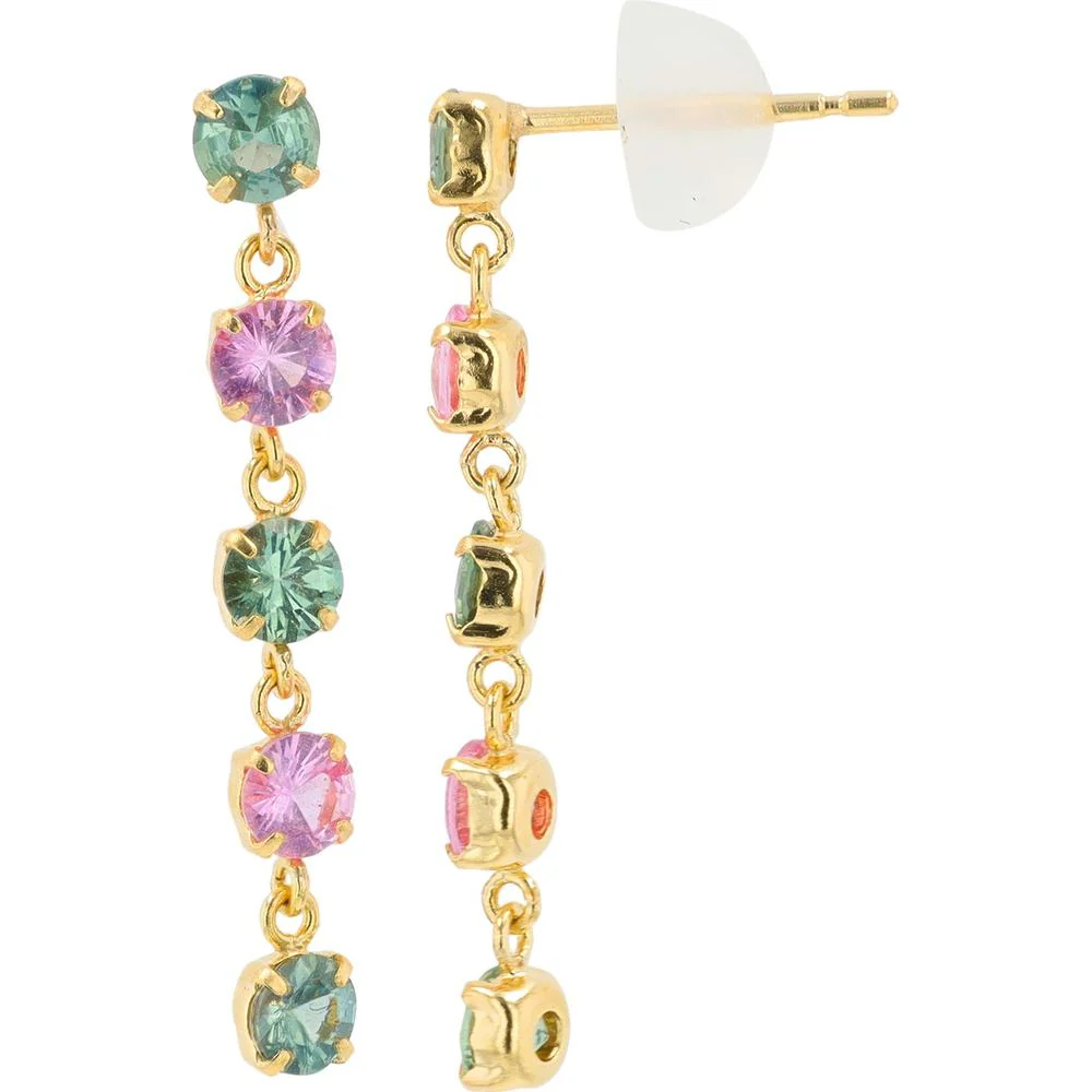 18K Yellow Gold 1.55 Carat Total Multi Sapphire Dangle Earrings - Round Four - Prong Set - Image 2