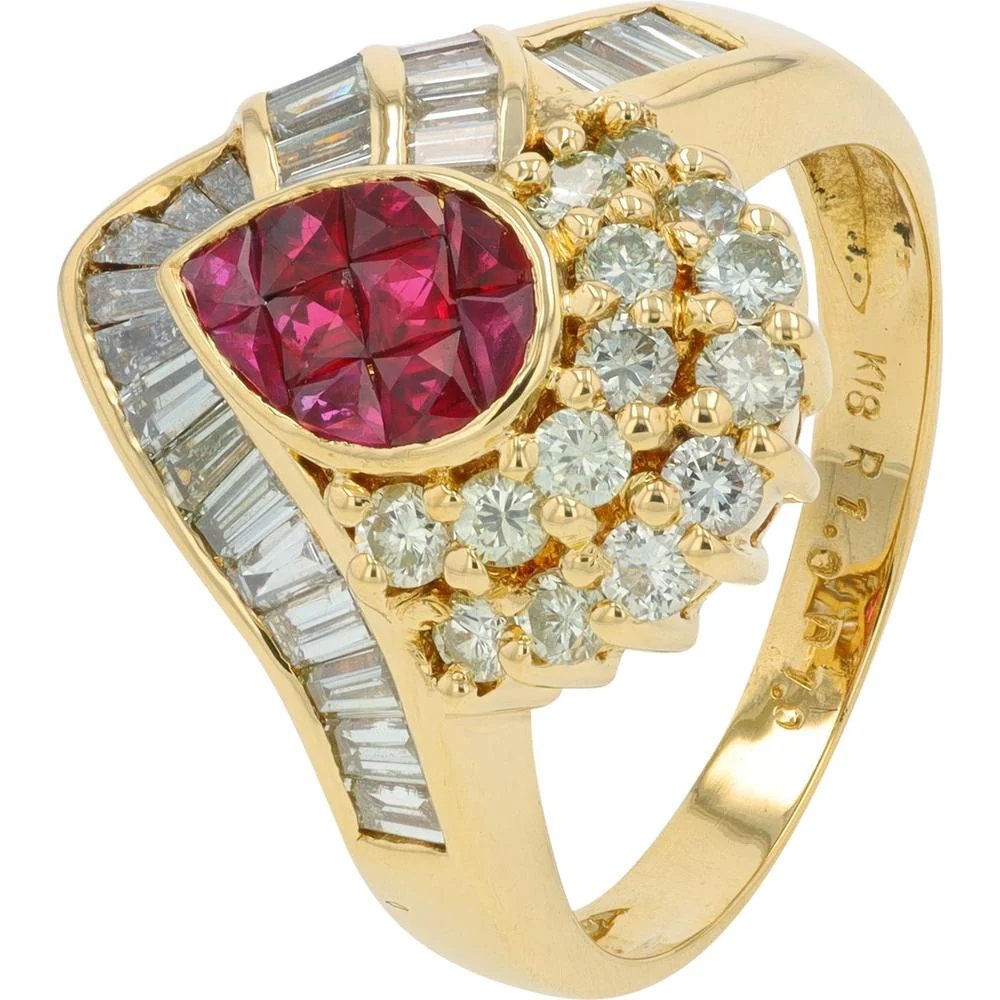18K Yellow Gold 1 Carat Total Weight Pear - Shaped Ruby Ring with 1 Carat Total Diamond Accents