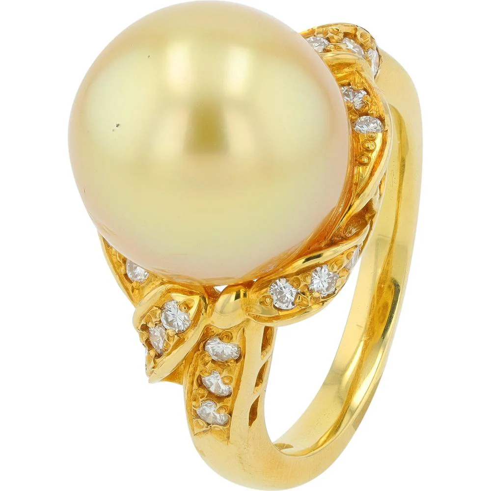 18K Yellow Gold 12mm Golden Pearl Ring with 0.29 Carat Diamond Accents