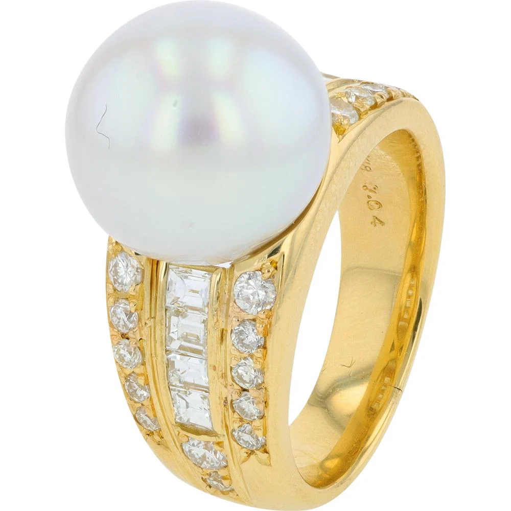 18K Yellow Gold 12mm Pearl Ring with 1.04 Carat Total Diamond Accents
