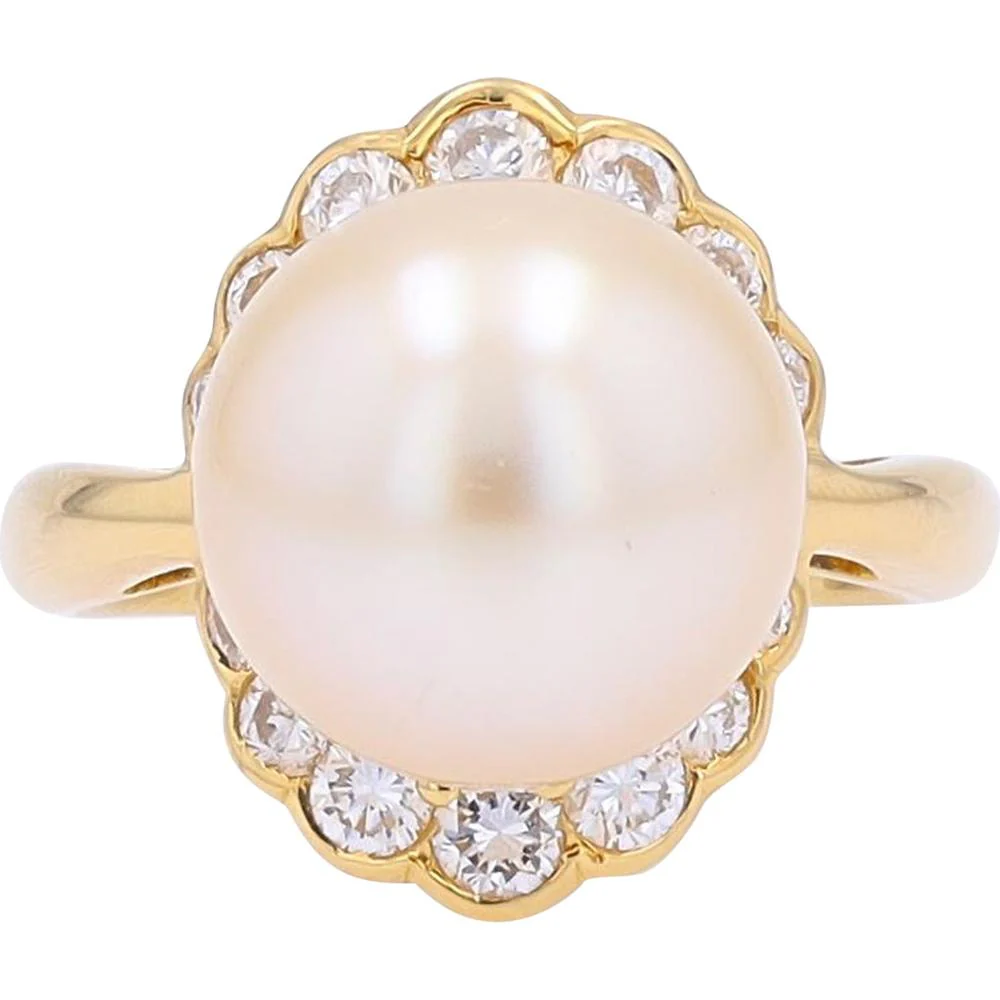 18K Yellow Gold 12MM Pearl Ring with Diamond Halo - 0.81 Carat Total Diamond Weight