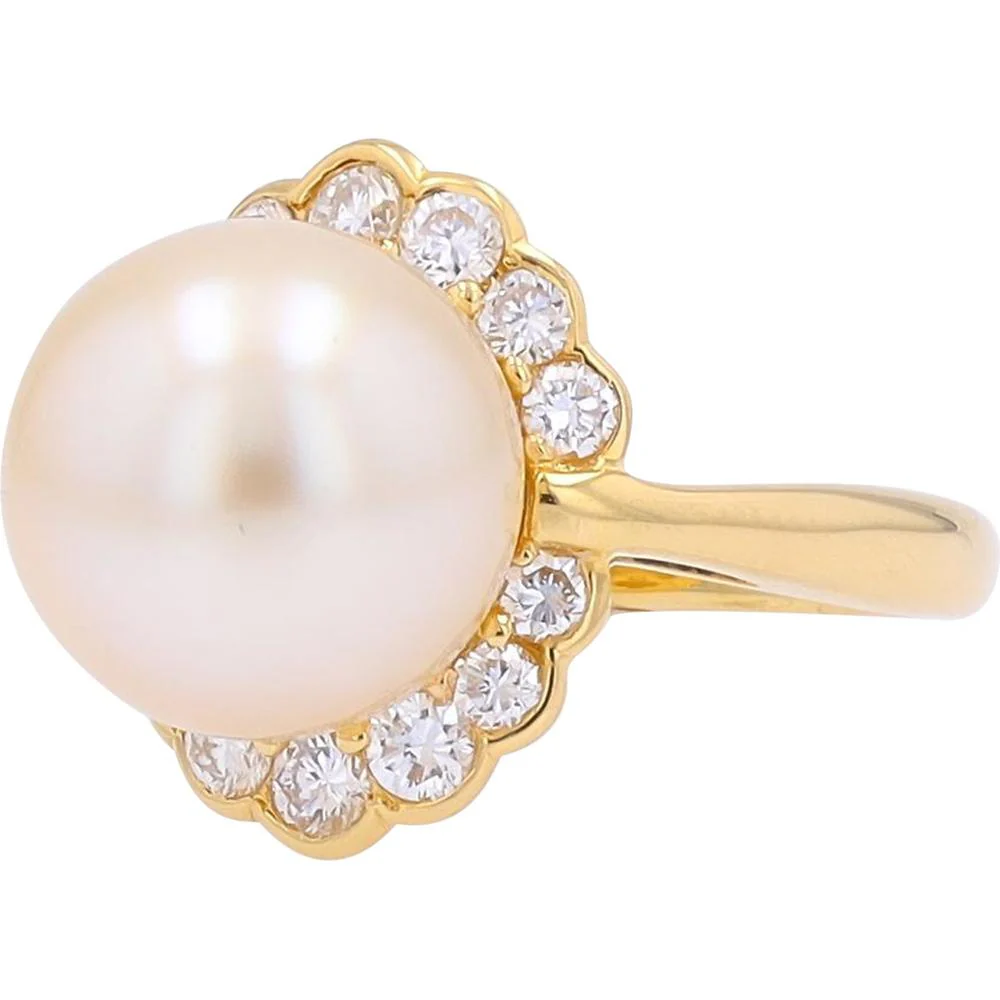 18K Yellow Gold 12MM Pearl Ring with Diamond Halo - 0.81 Carat Total Diamond Weight - Image 2