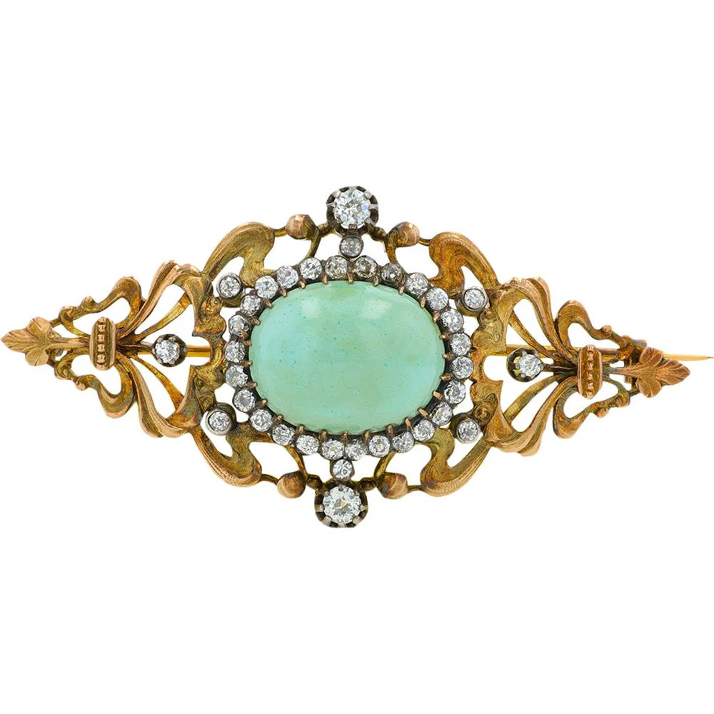 18K Yellow Gold 15.81 Carat Turquoise Brooch with 1.17 Carat Diamond Accents - 1930s Filigree Design