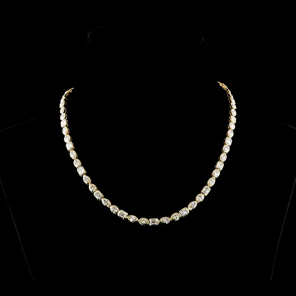18K Yellow Gold 16.57 Carats Mixed Shape Tennis Necklace with Bezel Set Emerald, Marquise & Oval Lab Diamonds - E-F VVS2 - Covaloro Fine Jewelry