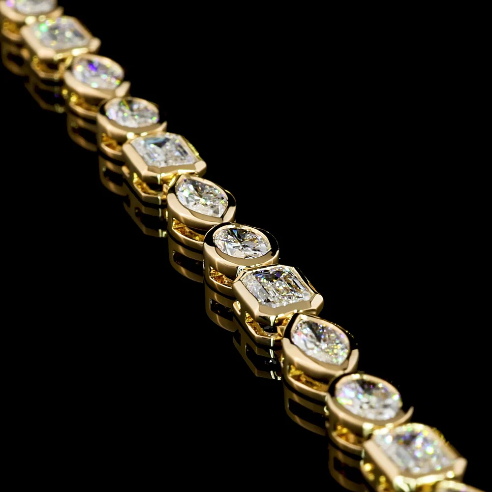 18K Yellow Gold 16.57 Carats Mixed Shape Tennis Necklace with Bezel Set Emerald, Marquise & Oval Lab Diamonds - E-F VVS2 - Covaloro Fine Jewelry - Image 2