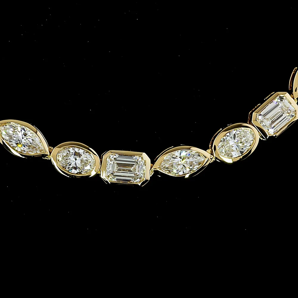 18K Yellow Gold 16.57 Carats Mixed Shape Tennis Necklace with Bezel Set Emerald, Marquise & Oval Lab Diamonds - E-F VVS2 - Covaloro Fine Jewelry - Image 3