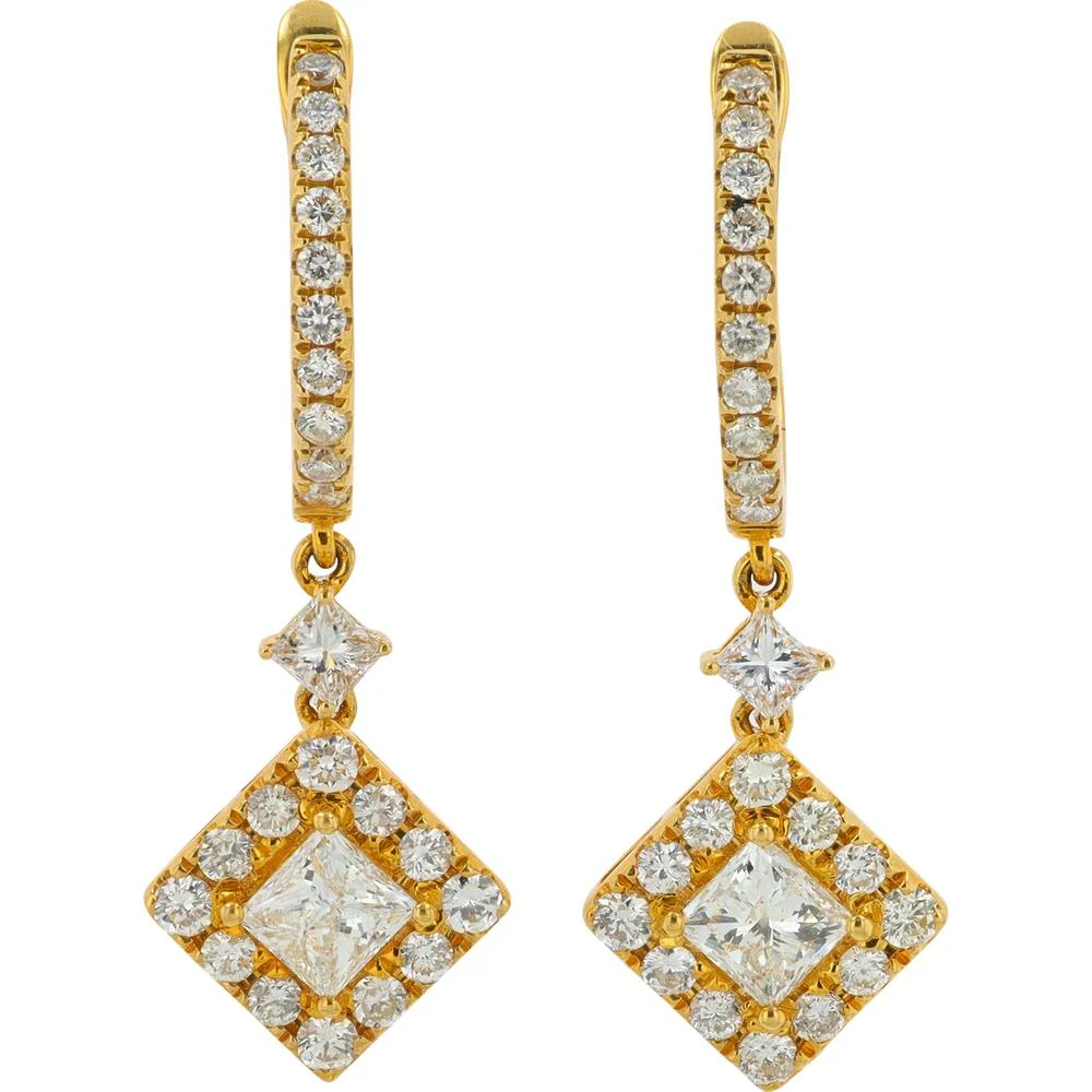 18K Yellow Gold 2.09 Carat Diamond Dangle Earrings with Princess Cut Center Stones and Round Diamond Halo