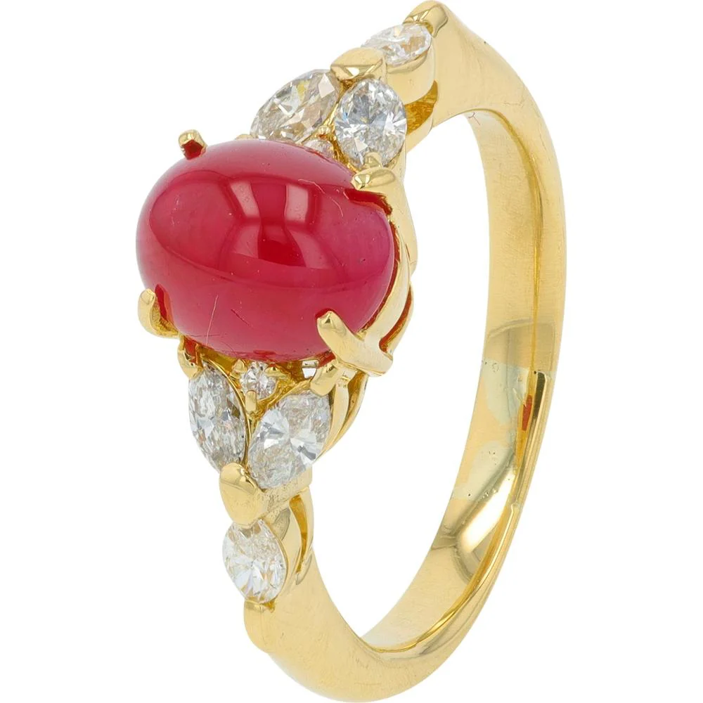 18K Yellow Gold 2.34 Carat Cabochon Ruby Ring with 0.38 Carat Total Diamond Accents