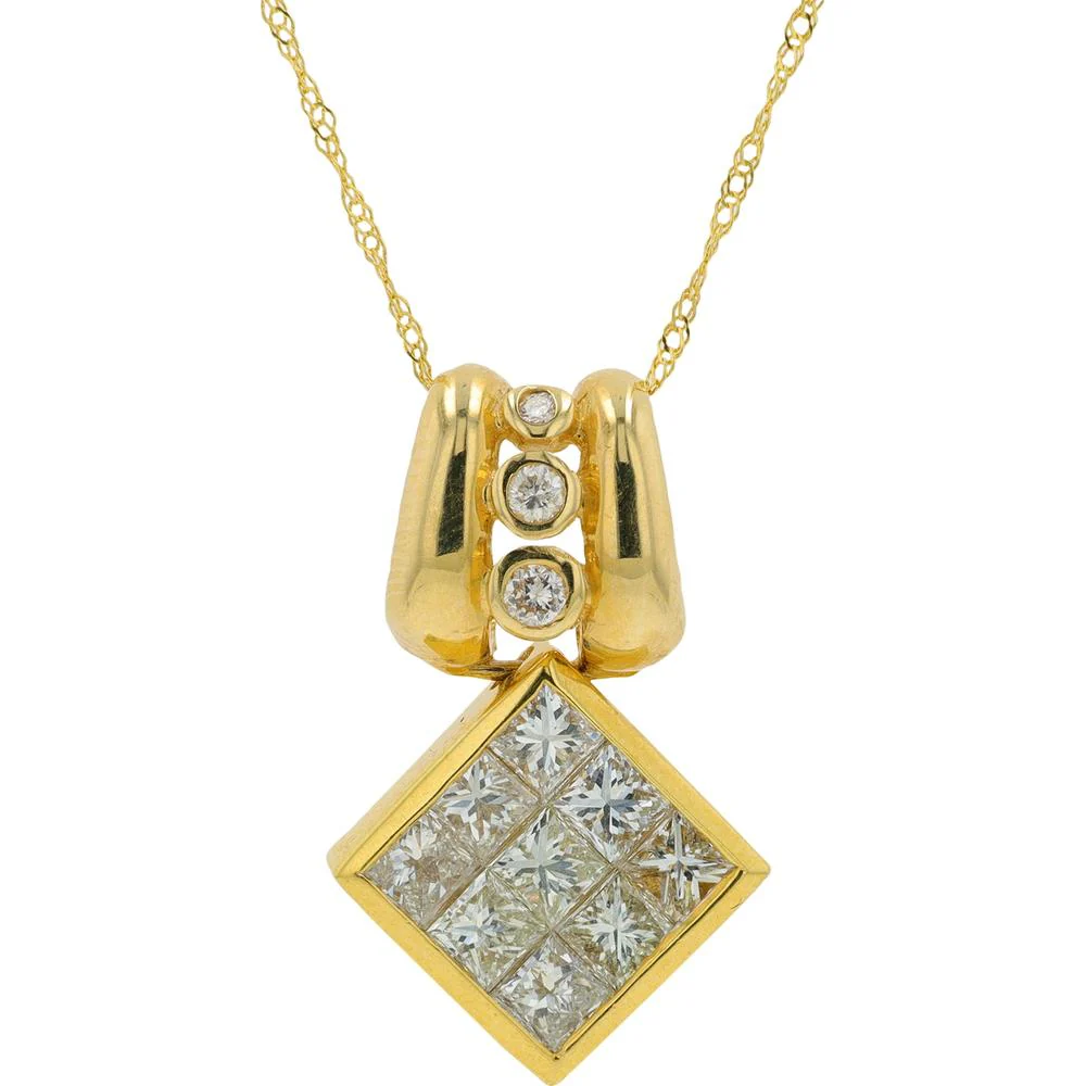 18K Yellow Gold 2.37 Carat Diamond Pendant with Square Grid Setting