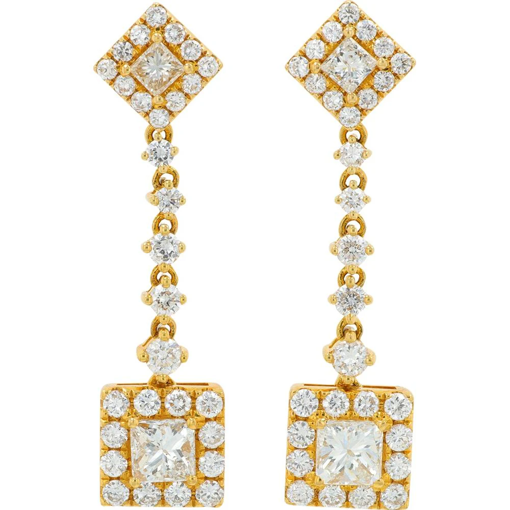 18K Yellow Gold 2.58 Carat Diamond Dangle Earrings with Princess Cut Centers and Pavé Halo