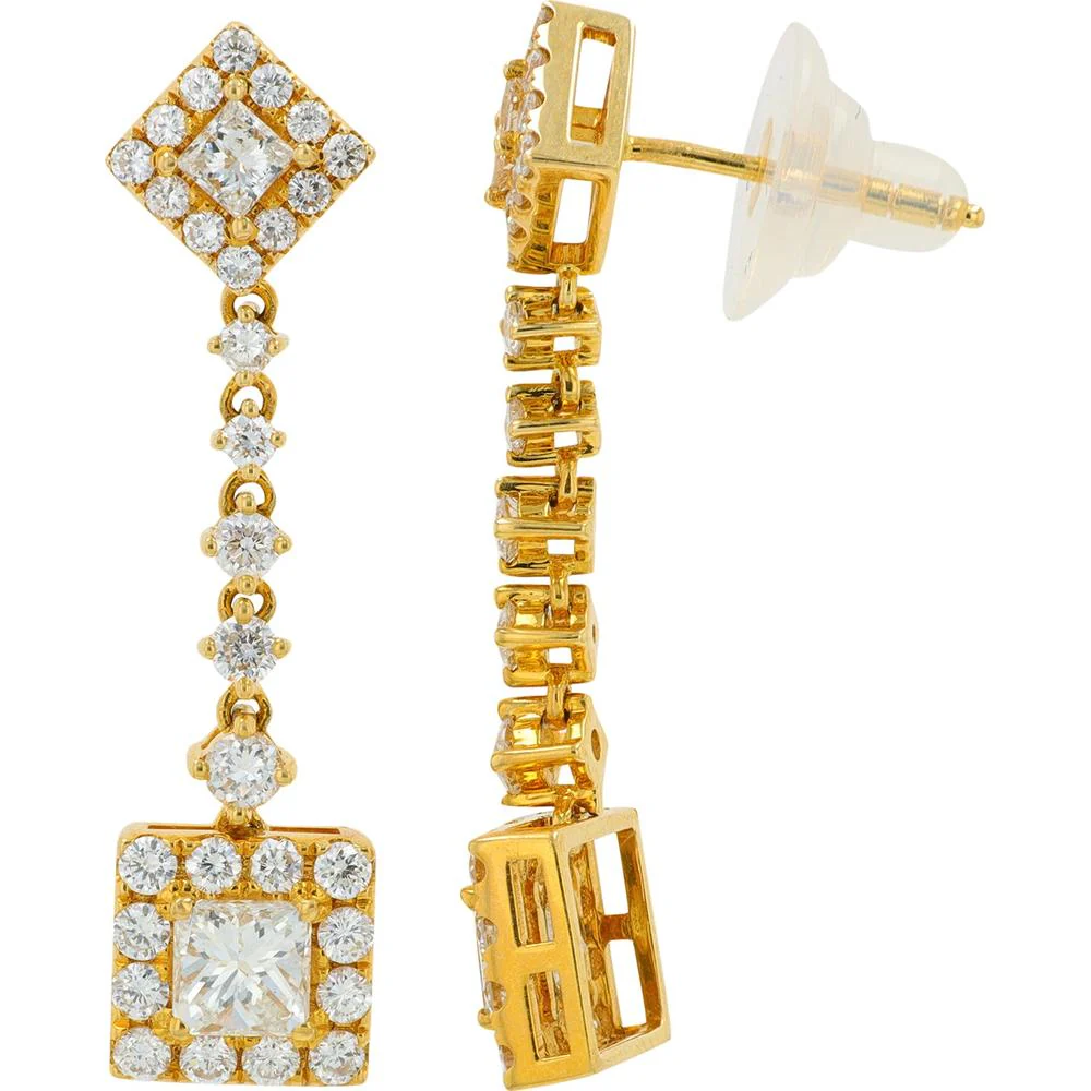 18K Yellow Gold 2.58 Carat Diamond Dangle Earrings with Princess Cut Centers and Pavé Halo - Image 2