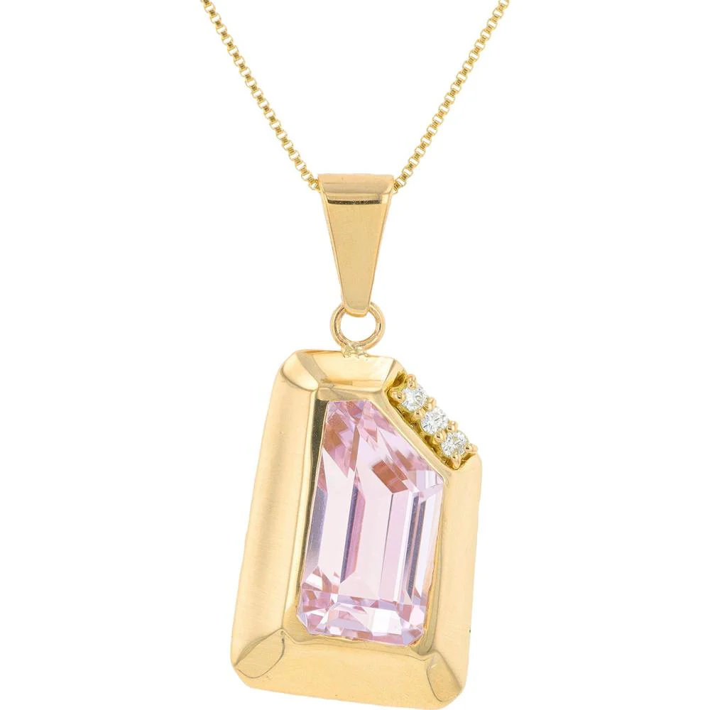 18K Yellow Gold 7.34 Carat Emerald - Cut Kunzite Pendant with 0.05 Carats Diamond Accents