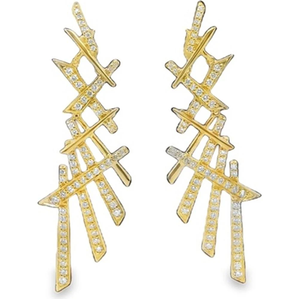 18K Yellow Gold Abstract Geometric Drop Earrings with Pavé-Style Diamonds by Afarin
