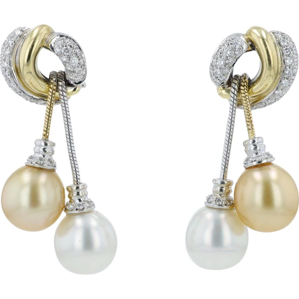 18K Yellow Gold and 14K White Gold Dangle Earrings with 9.5 - 10.5mm Pearls and 0.75 Carat Total Diamond Weight