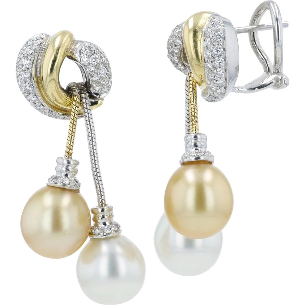 18K Yellow Gold and 14K White Gold Dangle Earrings with 9.5 - 10.5mm Pearls and 0.75 Carat Total Diamond Weight - Image 2