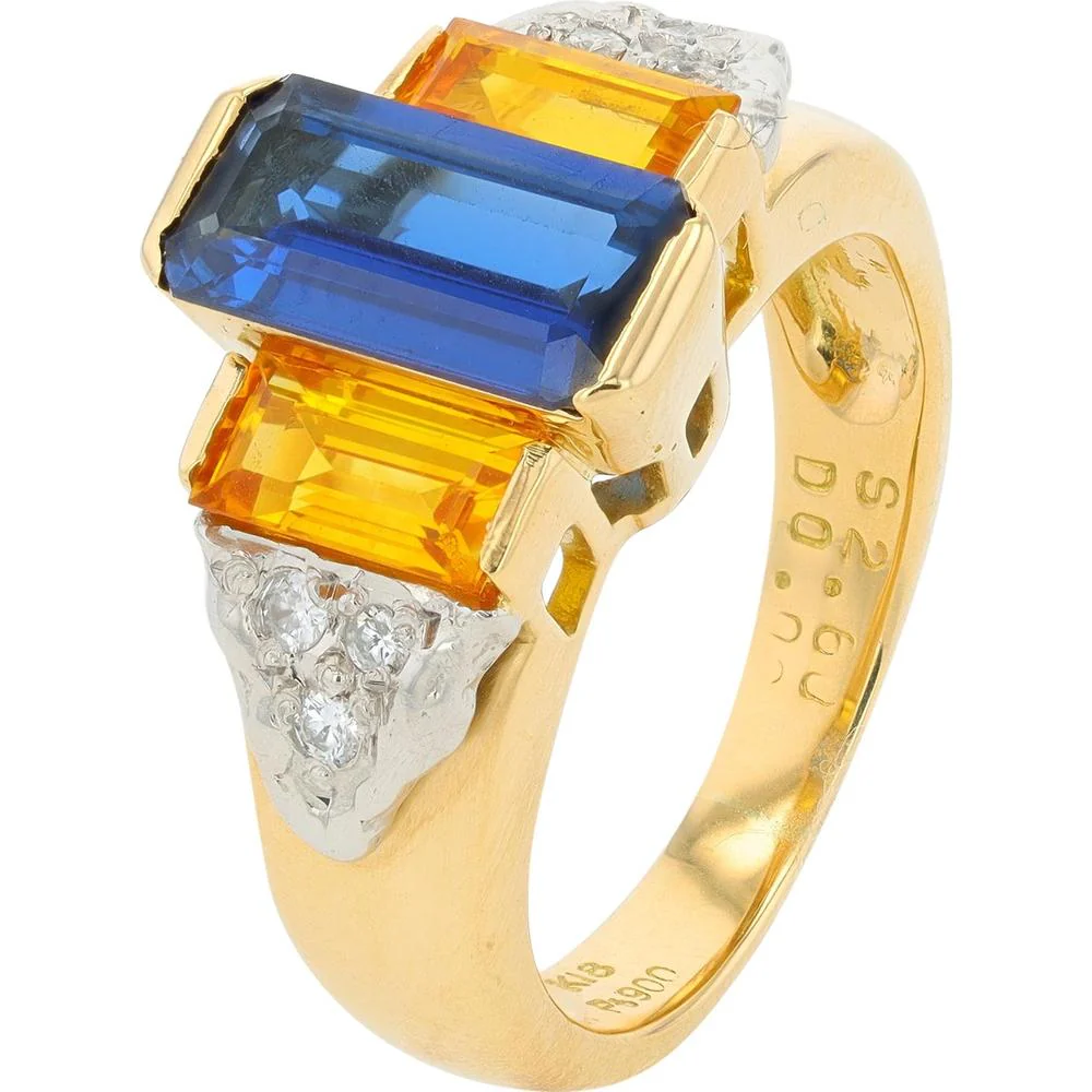 18K Yellow Gold & Platinum 2.60 Carat Blue & Yellow Sapphire Ring with 0.09 Carat Diamond Accents