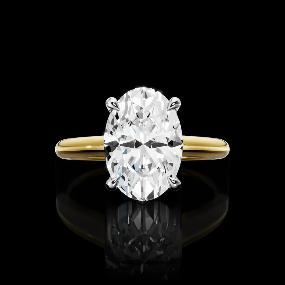 18K Yellow Gold and Platinum Oval Cut Hidden Halo Ring with 2.50 Carat E VVS2 Lab Diamond Center and 0.12 Carat Brilliant Cut Lab Diamond Halo - IGI Certified - Covaloro Fine Jewelry
