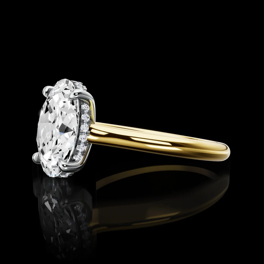 18K Yellow Gold and Platinum Oval Cut Hidden Halo Ring with 2.50 Carat E VVS2 Lab Diamond Center and 0.12 Carat Brilliant Cut Lab Diamond Halo - IGI Certified - Covaloro Fine Jewelry - Image 3