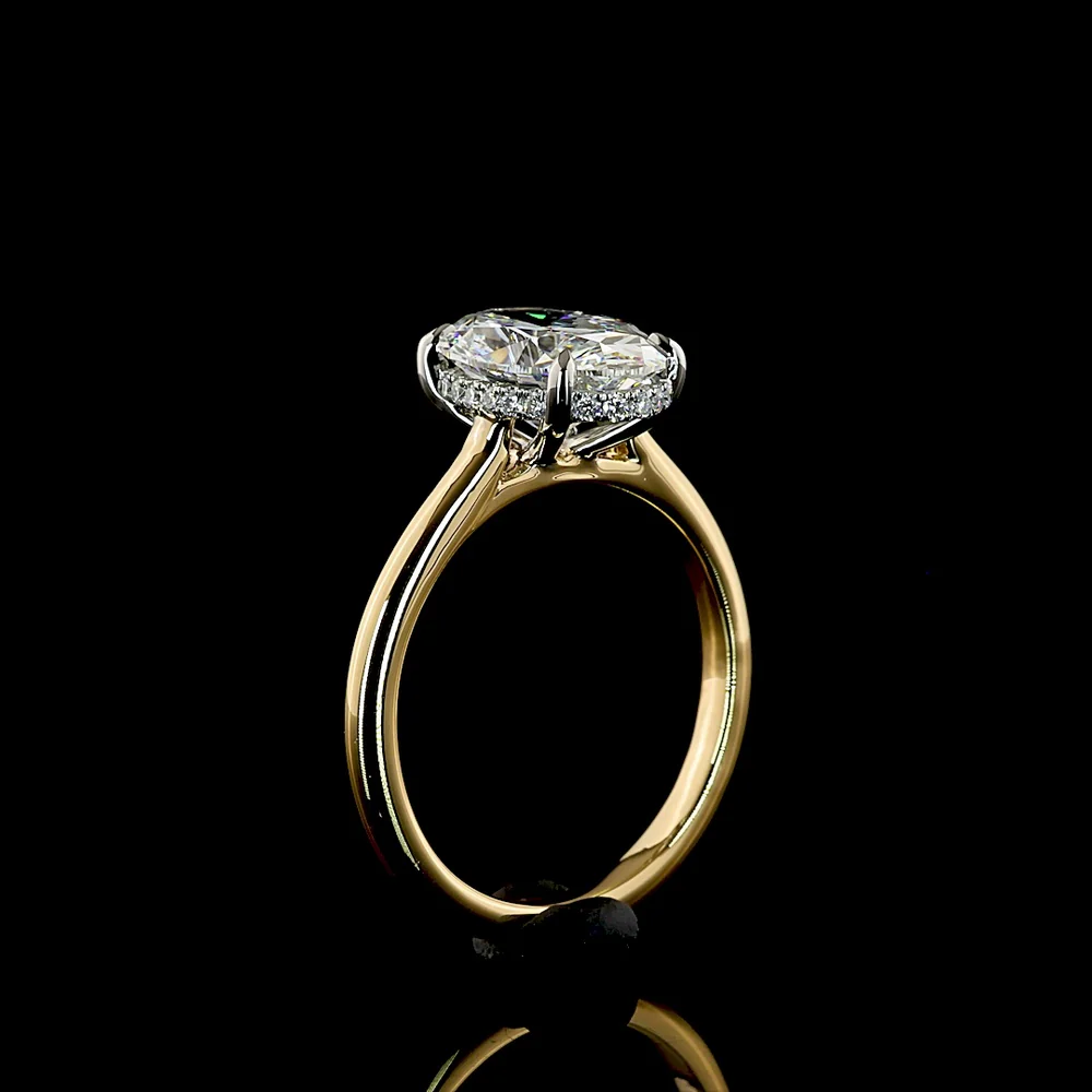 18K Yellow Gold and Platinum Oval Cut Hidden Halo Ring with 2.50 Carat E VVS2 Lab Diamond Center and 0.12 Carat Brilliant Cut Lab Diamond Halo - IGI Certified - Covaloro Fine Jewelry - Image 4