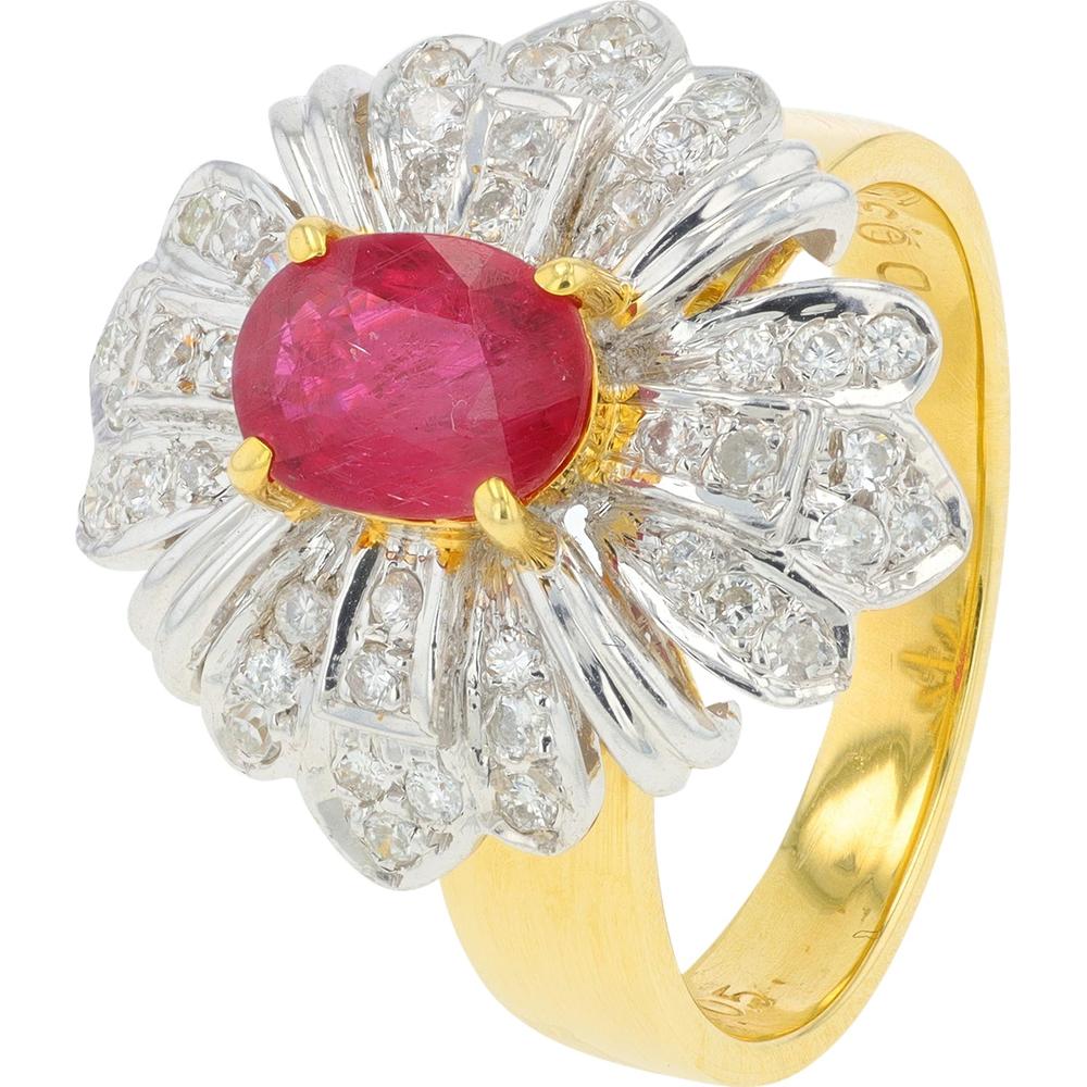 18K Yellow Gold and Platinum Ruby Ring with Diamond Accents - 1.05 Carat Total Ruby Weight and 0.31 Carat Total Diamond Weight