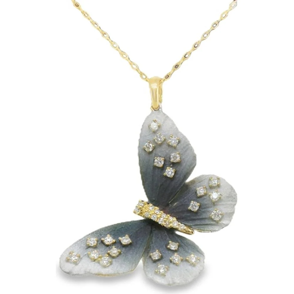 18K Yellow Gold and White Gold Butterfly Pendant Necklace with Diamond Accents by Afarin