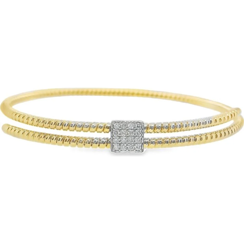 18K Yellow Gold and White Gold Diamond Double Row Bangle Bracelet with Square Diamond Center by Afarin