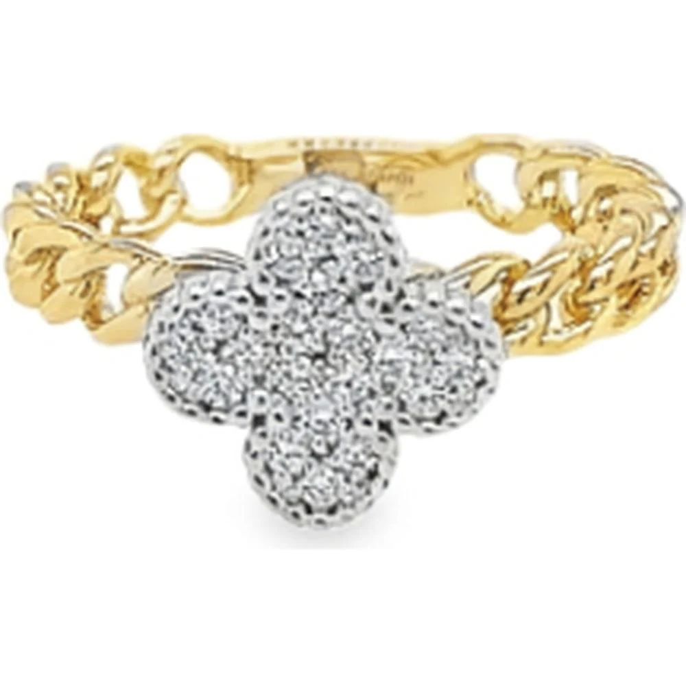 18K Yellow Gold and White Gold Floral Diamond Motif Ring with Textured Designer Band by Afarin