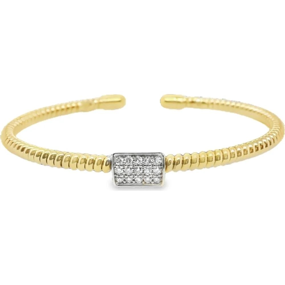 18K Yellow Gold and White Gold Open Bangle Bracelet with Pave Set Round Diamonds by Afarin