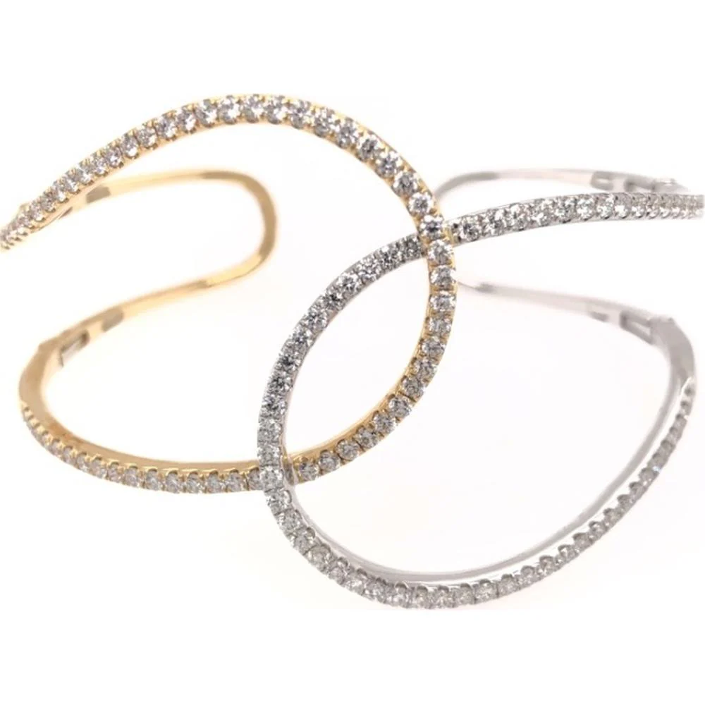 18K Yellow Gold and White Gold Open Crossover Bangle Bracelet with Pavé Set Round Diamonds by Afarin