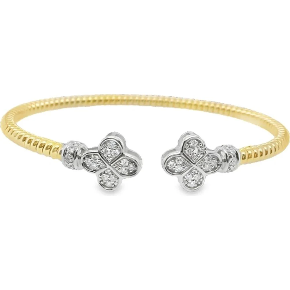 18K Yellow Gold and White Gold Open Diamond Bangle Bracelet with Floral Motif Accents by Afarin