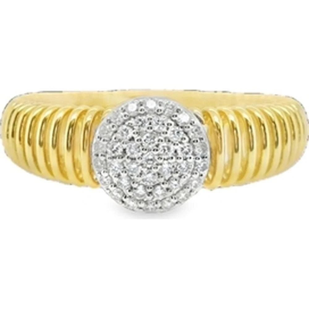 18K Yellow Gold and White Gold Ribbed Band Ring with Round Diamond Cluster Top by Afarin