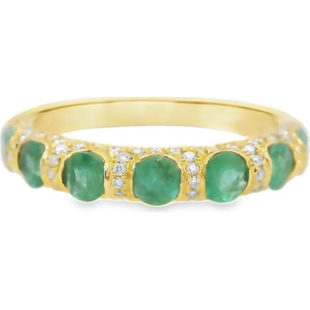 18K Yellow Gold Band Ring with Round Emeralds and Diamond Accents by Afarin