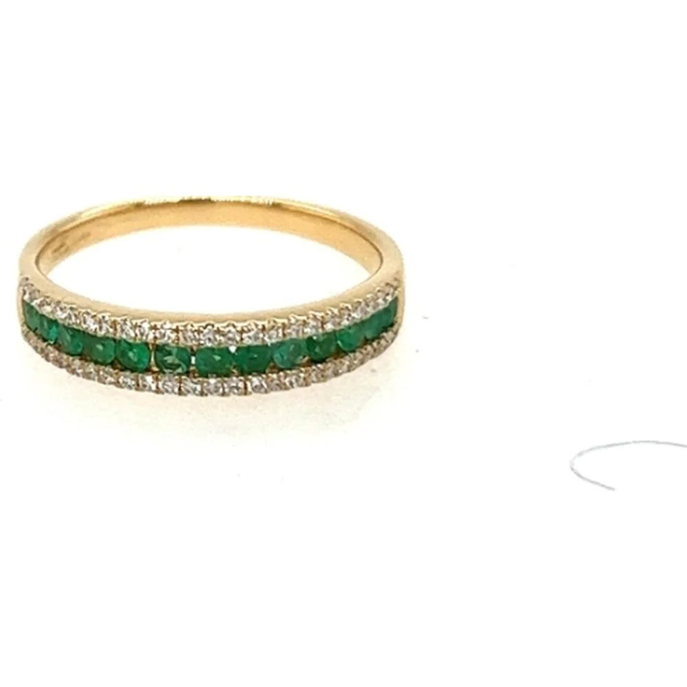18K Yellow Gold Band Ring with Round Emeralds and Diamond Accents by Afarin