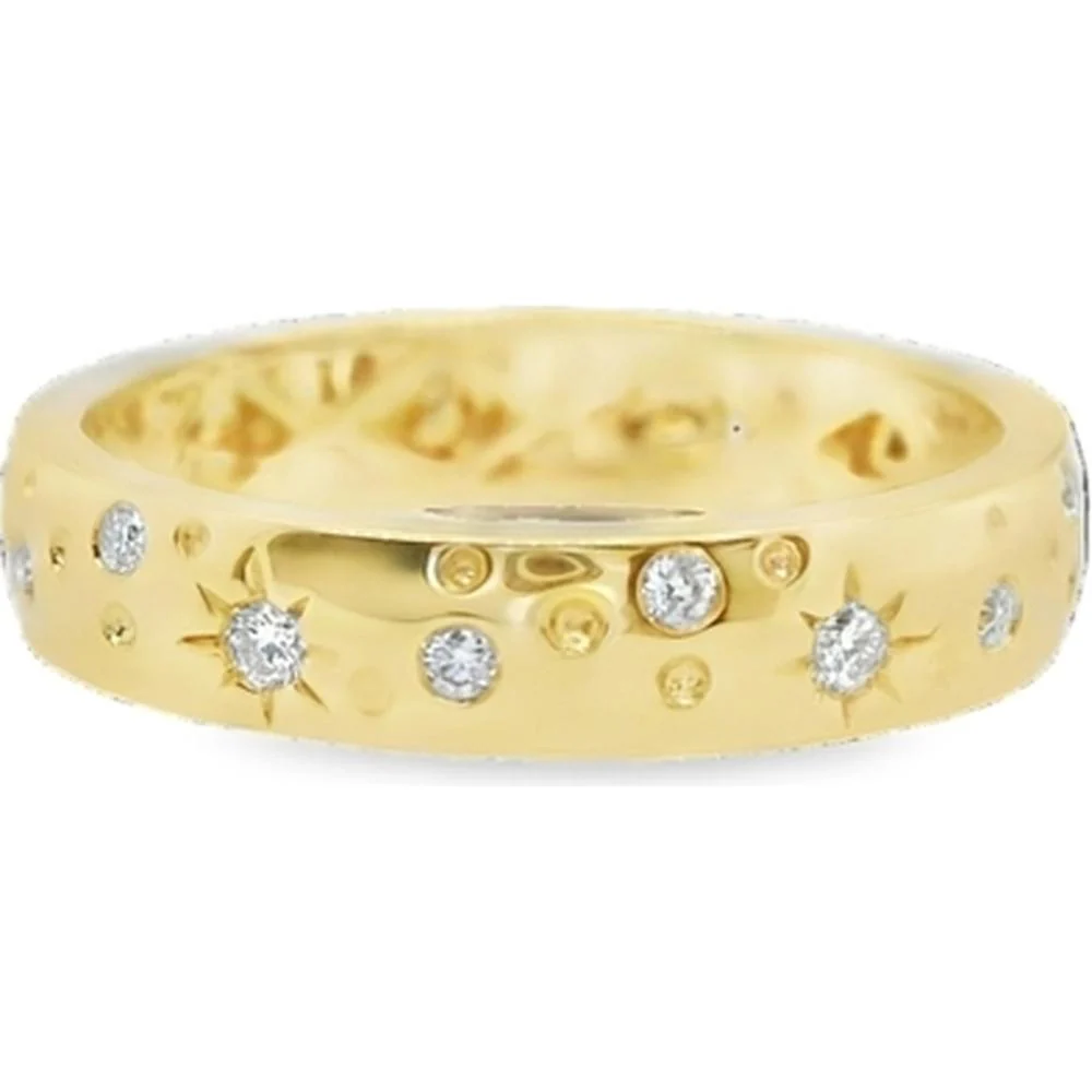 18K Yellow Gold Band Ring with Scattered Round Diamonds and Starburst Detail by Afarin