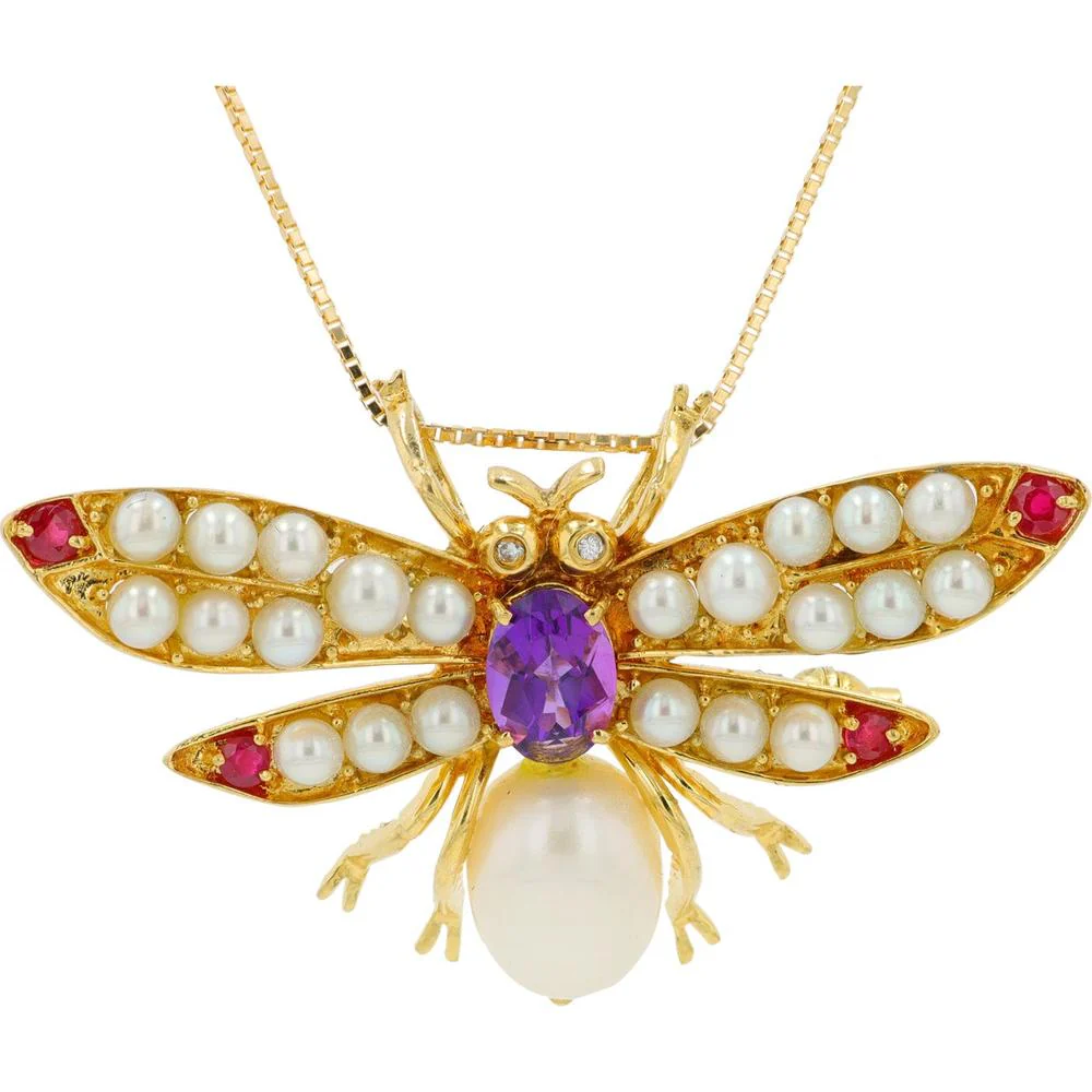 18K Yellow Gold Bee Pendant with Amethyst Center, Ruby Accents, and Pearl Wings - 1.05 Carat Total Gemstone Weight