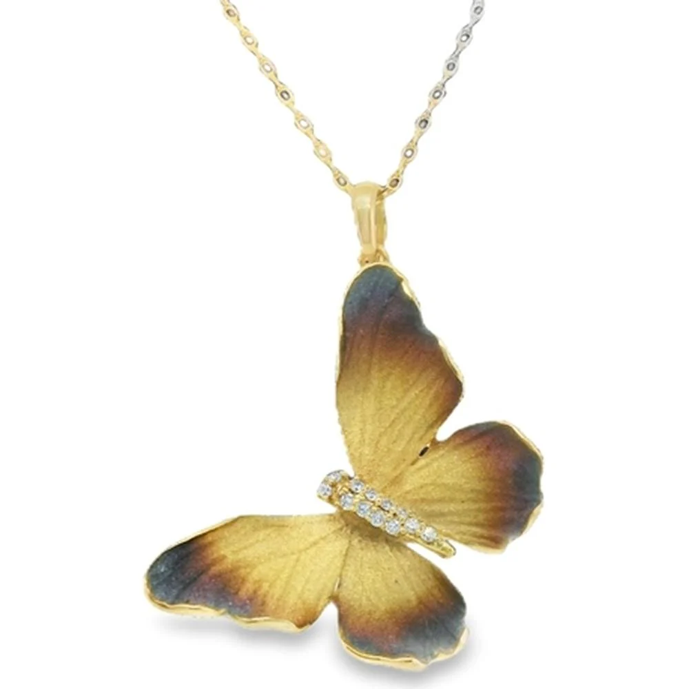 18K Yellow Gold Butterfly Pendant Necklace with Diamond Accents by Afarin