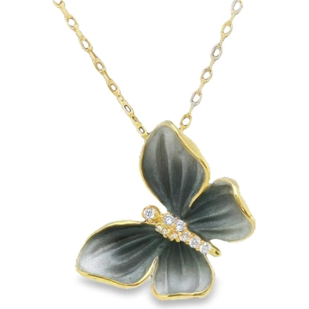 18K Yellow Gold Butterfly Pendant Necklace with Round Diamond Accents by Afarin